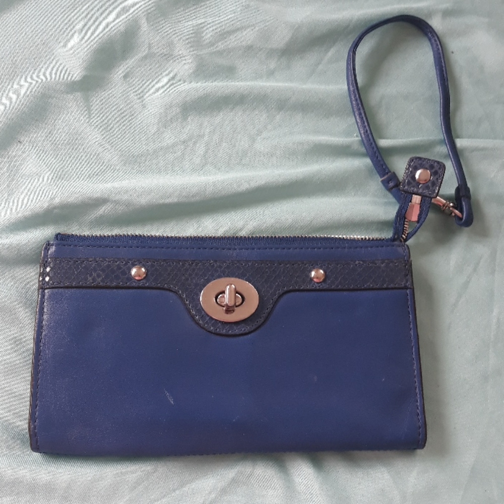 Coach Navy Blue Leather Wristlet Clutch with Dark Trim